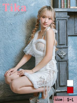 ワンショルダードット柄チュール胸元フリルツイ...