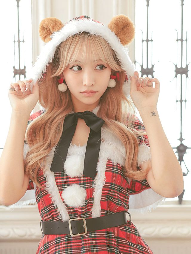 サンタコス 4点set まやりん着用ケープ付きガーリータータンチェックテディベアフレアスカートアニマルサンタコスプレ [フード付きケープ＋ワンピース+ベルト＋透明ストラップ]