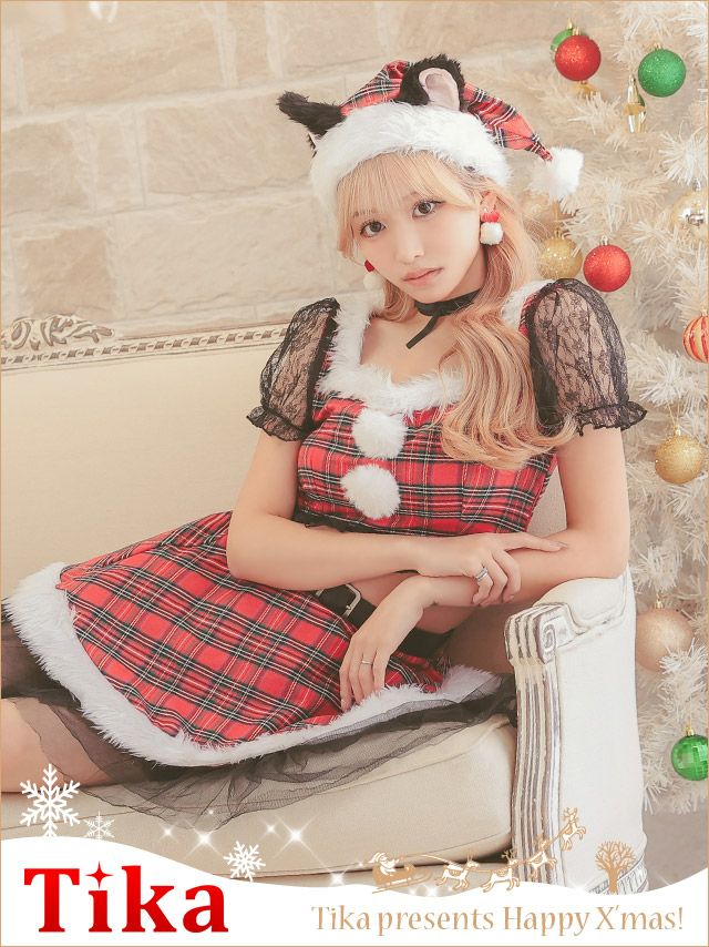 サンタコス 5点set まやりん着用ガーリータータンチェックレースフレアスカートセパレート猫アニマルサンタコスプレ [チョーカー＋トップス+スカート＋ベルト＋サンタ帽子]