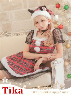サンタコス 5点set まやりん着用ガーリータータンチェックレースフレアスカートセパレート猫アニマルサンタコスプレ [チョーカー＋トップス+スカート＋ベルト＋サンタ帽子]