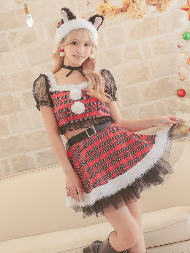 サンタコス 5点set まやりん着用ガーリータータンチェックレースフレアスカートセパレート猫アニマルサンタコスプレ [チョーカー＋トップス+スカート＋ベルト＋サンタ帽子]