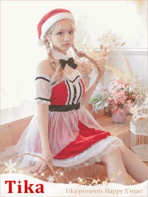 サンタコス 3点set まやりん着用グリッターチュールレースフレアスカートクラシカルガーリー王道サンタコスプレ [ワンピース+サンタ帽子+付け袖]