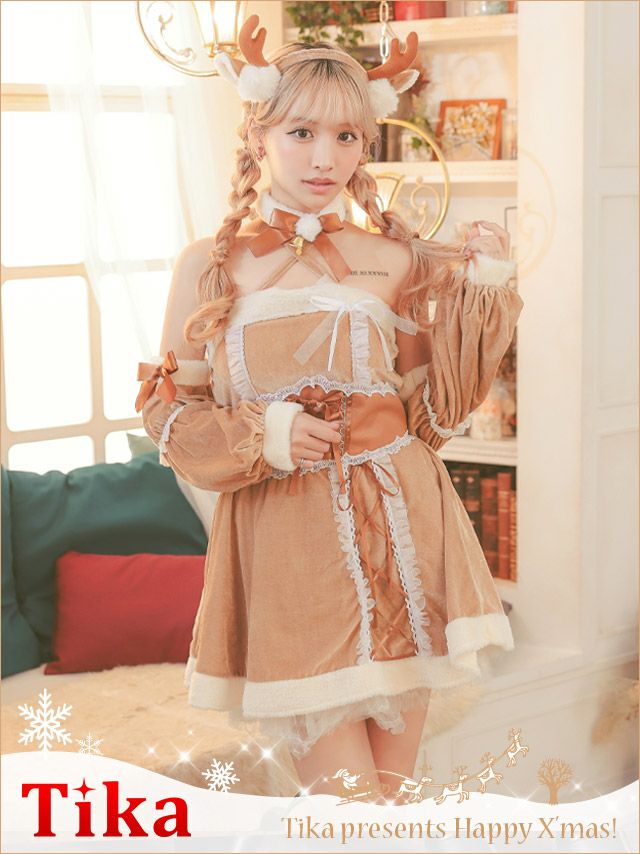 コスプレ クリスマス サンタ 鹿 衣装 仮装 ガーリーフリルレースリボンベアフレアスカートトナカイアニマルサンタコスプレ