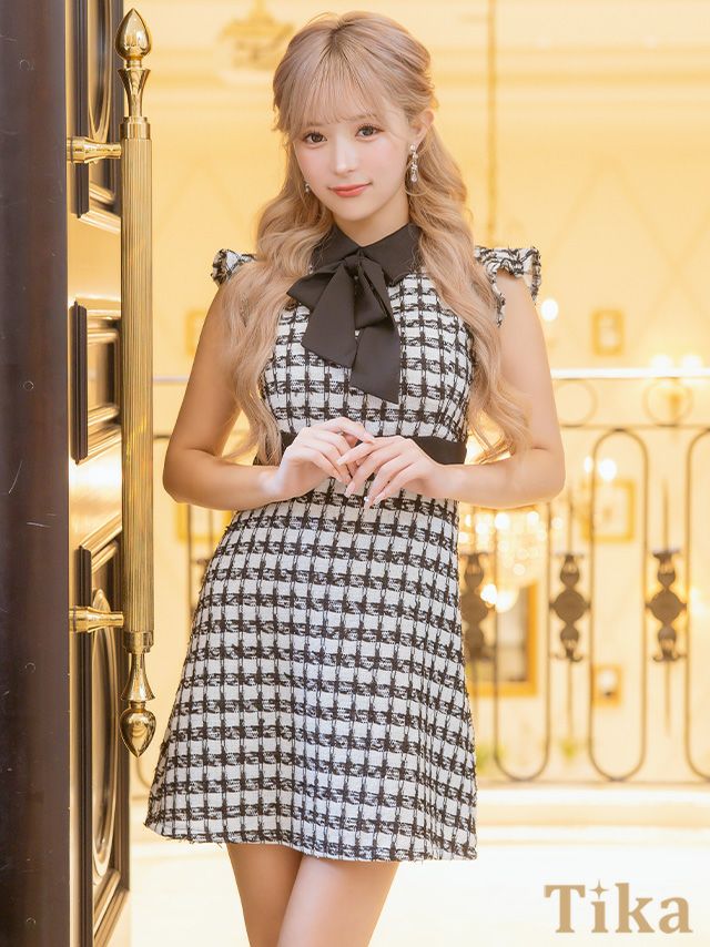 キャバドレス ミニ丈 Aライン 大きいサイズ ワンピース キャバクラ ネックリボンノースリーブフリル袖モノトーンツイード調チェック柄フレアミニドレス