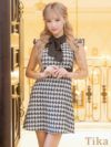 キャバドレス ミニ丈 Aライン 大きいサイズ ワンピース キャバクラ ネックリボンノースリーブフリル袖モノトーンツイード調チェック柄フレアミニドレス
