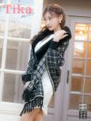 羽織 ケープ ショール カーディガン マント ポンチョ 防寒 ポケット付きフェイクファーチェックニットフリンジショール