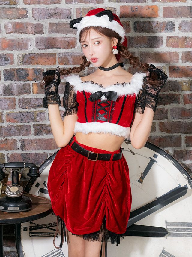 サンタコス 6点set ふわふわファー付きオフショルブラックレースへそ出しセパレートドロストスカート猫アニマルサンタコスプレ [帽子+チョーカー＋トップス＋透明ストラップ＋スカート＋ベルト]