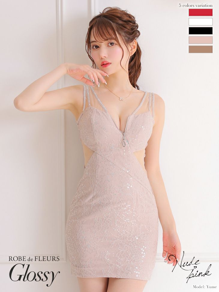 キャバドレス ミニドレス [SALE] [ROBEdeFLEURSGlossy/ローブドフルールグロッシー] 高級ノースリーブバストジップビジューサイドバックチュールクリスマスくびれタイトミニドレス