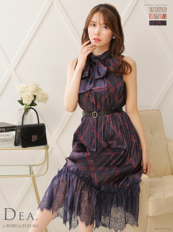 キャバドレス ミニドレス [SALE] [DEA.byROBEdeFLEURS/ディアバイローブドフルール] 高級チェック柄プリーツレースウエストベルトネックリボンワンピースノースリーブ膝丈ドレス