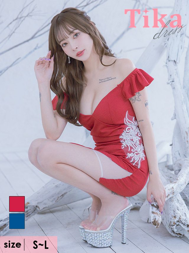 キャバドレス ミニ丈 大きいサイズ ワンピース 赤 2Wayオフショルダーフリル袖フラワーモチーフゴージャス刺繍ストレッチクリスマスアシメタイトミニドレス