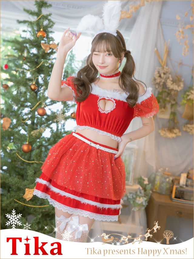 コスプレ クリスマス サンタ 衣装 仮装 うさぎ キラキラチュールセパレートフレアスカートふわふわガーリーバニーオフショルアニマルサンタコスプレ