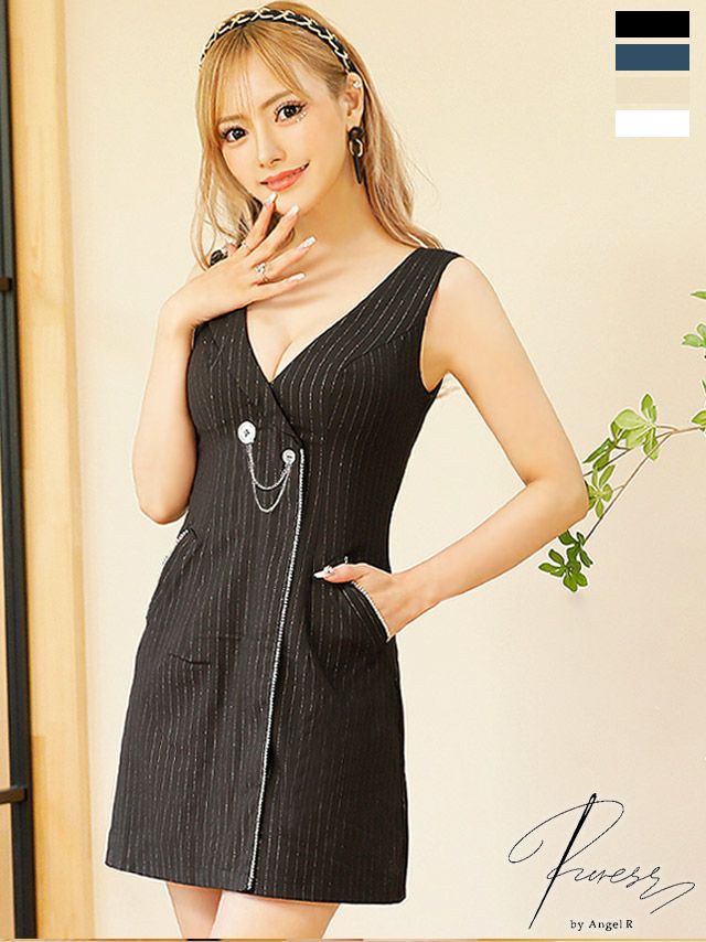 キャバドレス ミニドレス [PURESS/ピュアレス] 高級ストライプボタン襟デザインチェーンビジューノースリーブフレアミニドレス