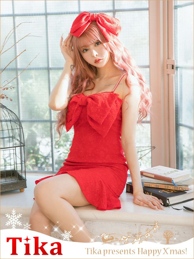 コスプレ サンタ クリスマス衣装 仮装 ワンピース キャミビジュービッグリボンデザイン裾フリルガーリーサンタコスプレドレス