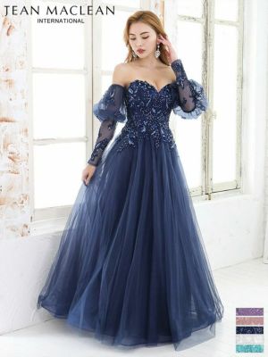 キャバドレス ミニドレス　[JEANMACLEAN/ジャンマクレーン] 高級シアー長袖パフスリーブ付きフラワー刺繍レースボリュームチュールロングバースデードレス