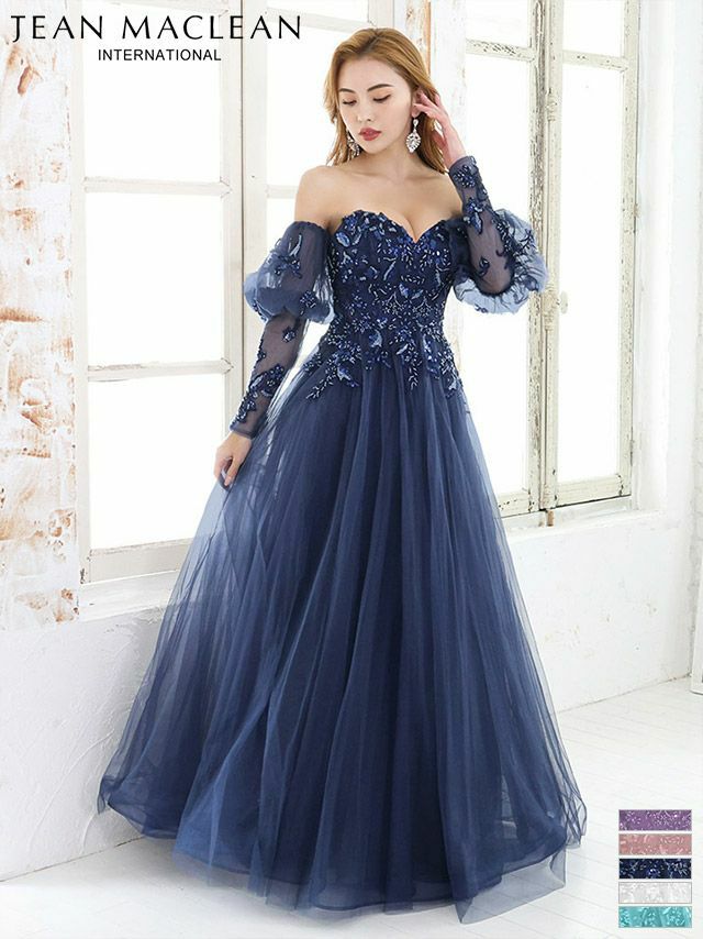 キャバドレス ミニドレス　[JEANMACLEAN/ジャンマクレーン] 高級シアー長袖パフスリーブ付きフラワー刺繍レースボリュームチュールロングバースデードレス