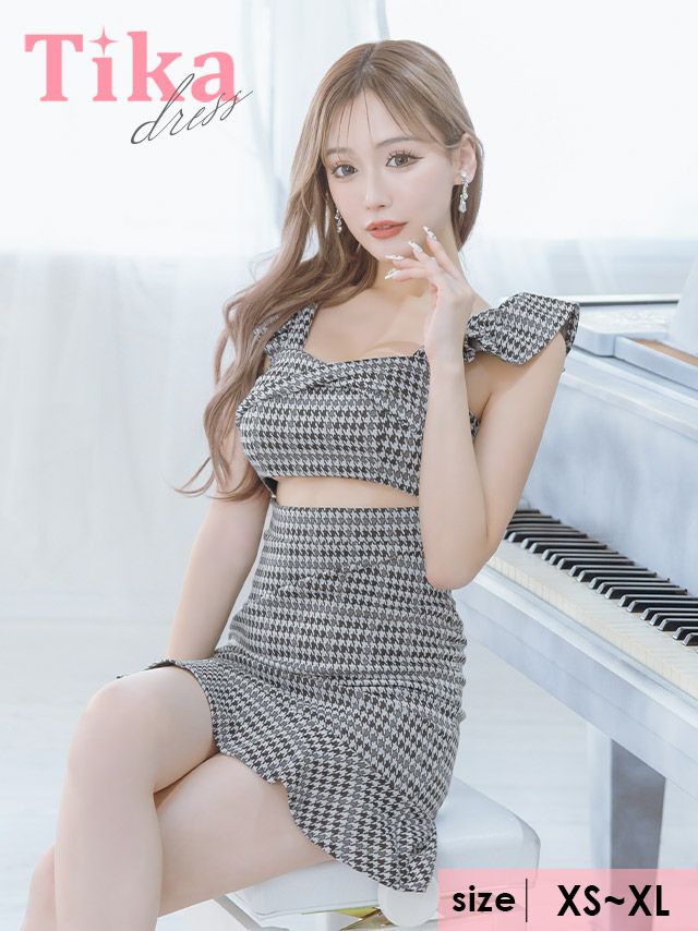 キャバドレス ミニ丈 大きいサイズ ワンピース ノースリーブフリル袖ウエストカットアウト千鳥格子柄タイトミニドレス
