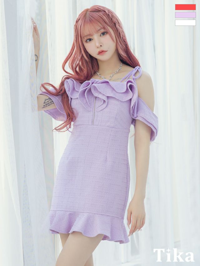 キャバドレス ミニ丈 大きいサイズ ワンピース キャバクラ 肩あきダブルリボンショルダー胸元フリルジップデザインツイードタイトミニドレス