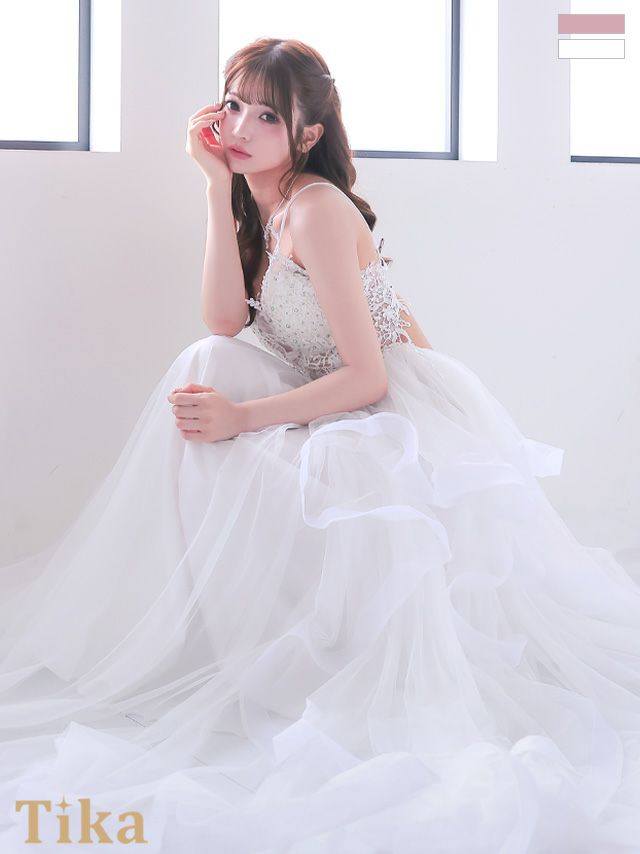 キャバドレス ロング丈 大きいサイズ バースデー イベント クロスバックレスキャミソールシアーフラワー刺繍ビジューランダムゴージャスチュールAラインロングバースデードレス