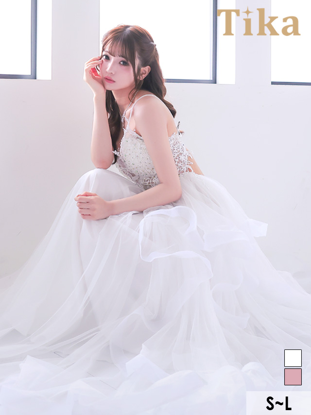 キャバドレス ロング丈 大きいサイズ バースデー イベント クロスバックレスキャミソールシアーフラワー刺繍ビジューランダムゴージャスチュールAラインロングバースデードレス