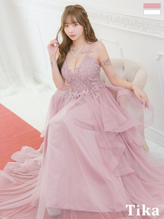 キャバドレス ロング丈 大きいサイズ イベント バックオープンスピンドルキャミソールケミカルレースビジューランダムボリュームチュールAラインロングバースデードレス