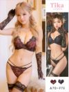 ビジュー付きフラワーブラックレースレイヤード脇高カップブラジャー＆ショーツ2点セット