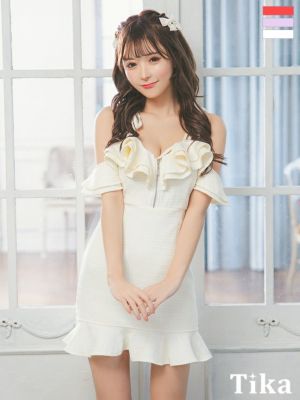 リボンショルダー胸元フリルジップツイード肩あ...