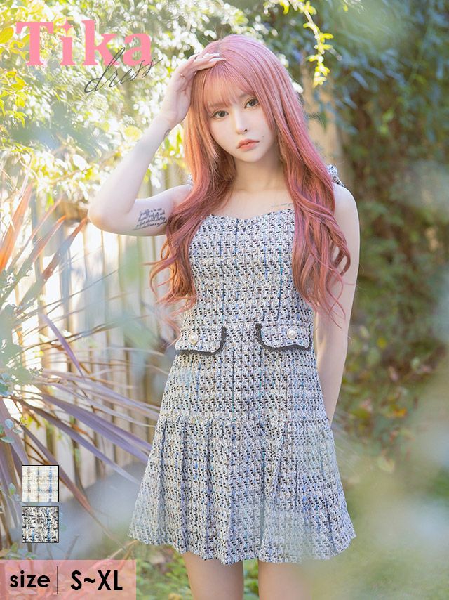 キャバドレス ミニ丈 Aライン ワンピース 大きサイズ キャミソールショルダーリボンツイードチェック柄プリーツフレアミニドレス