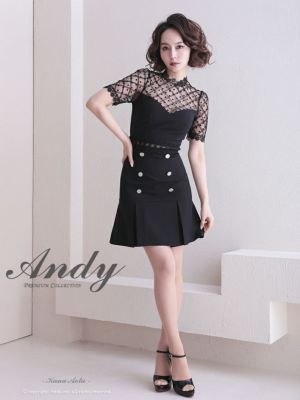[Andy/アンディ] 高級ドットチェック柄シースルーワンカラー半袖フレアミニドレス