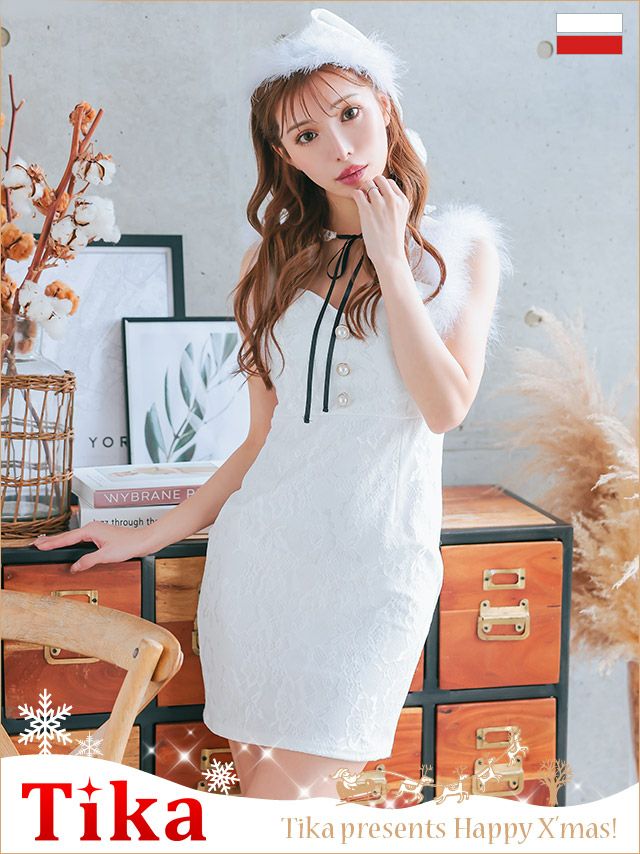 コスプレ クリスマス サンタ 衣装 仮装 ドレス キャバクラ ネックリボンバストカットパールボタンふわふわファー付き総レースタイトサンタコスプレドレス