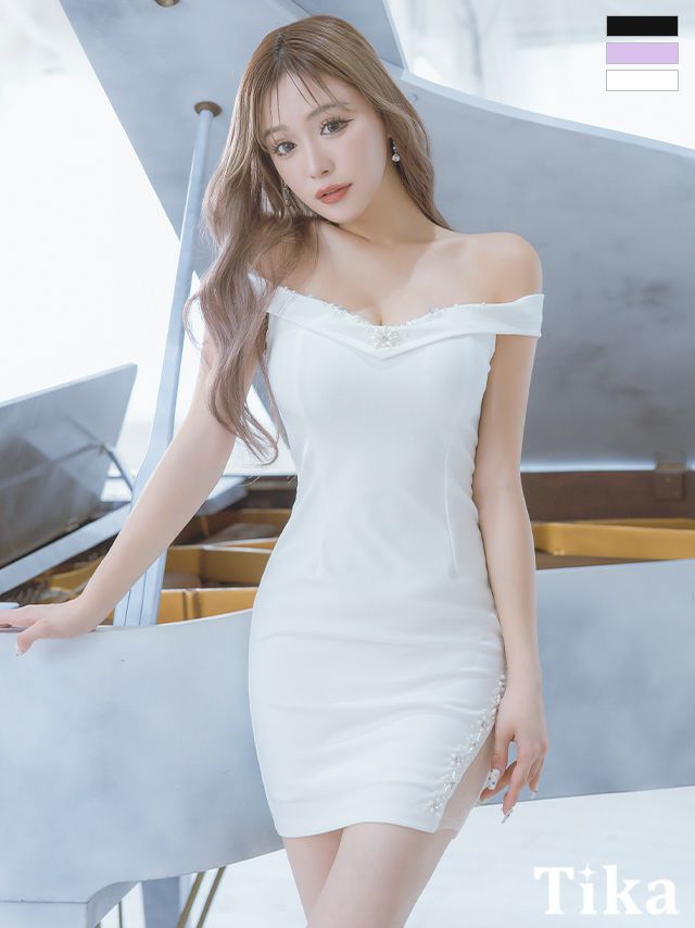 キャバドレス ミニ丈 大きいサイズ キャバクラ オフショルダーキラキラフラワーパールビジューサイドチュール切替タイトミニドレス