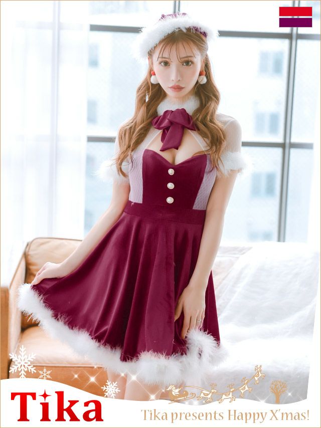 コスプレ クリスマス サンタ 衣装 仮装 ワンピース ハイネックチュールふわふわファーネックリボンバストカットアウトフレアスカートガーリー王道サンタコスプレ