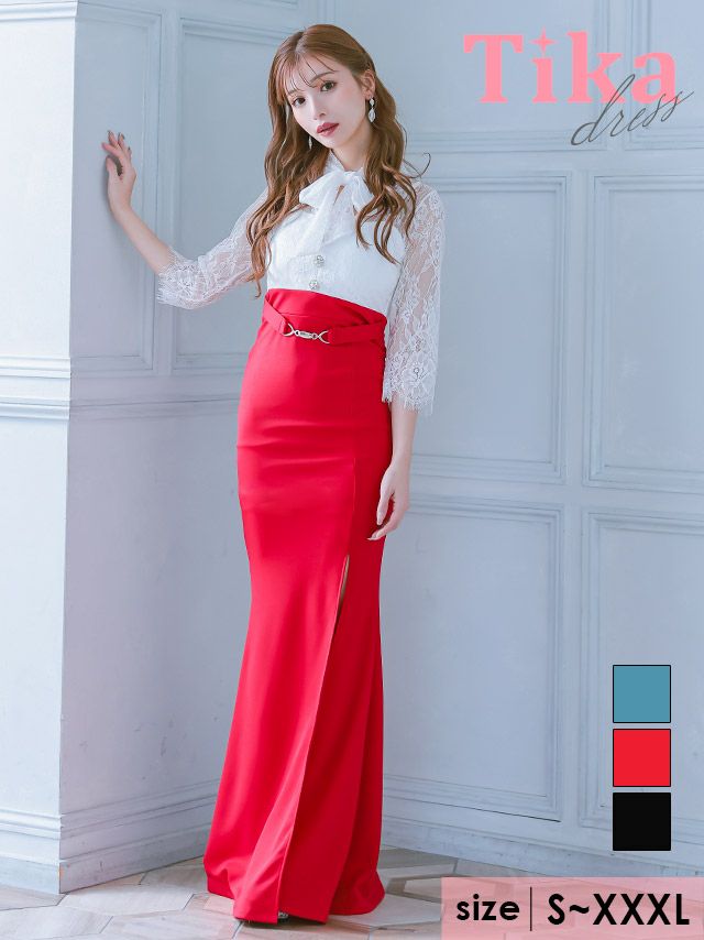 キャバドレス ロング丈 大きいサイズ 七分袖 袖ありボウタイネックリボンスカラップレース切り替えベルト付きスリットストレッチクリスマスタイトロングドレス