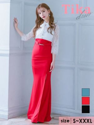 [SALE] 袖あり 七分袖 ボウタイネックリボン スカラップレース ベルト付き ストレッチ タイトロングドレス (Sサイズ～XXXLサイズ) (みゆう/キャバドレス着用)