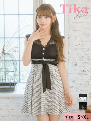 Vネックレースノースリーブウエストリボン切替...