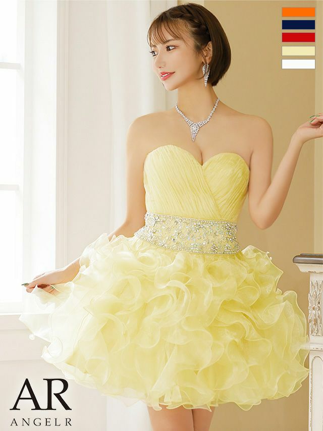 高級ウエストビジューフリルバックレースアップベアトップフレアミニドレス