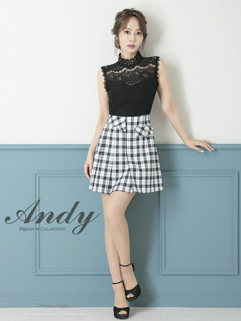 キャバドレス ミニドレス Andy アンディ 高級ブランドハイネック刺繍レースノースリーブチェック柄フレアミニドレス