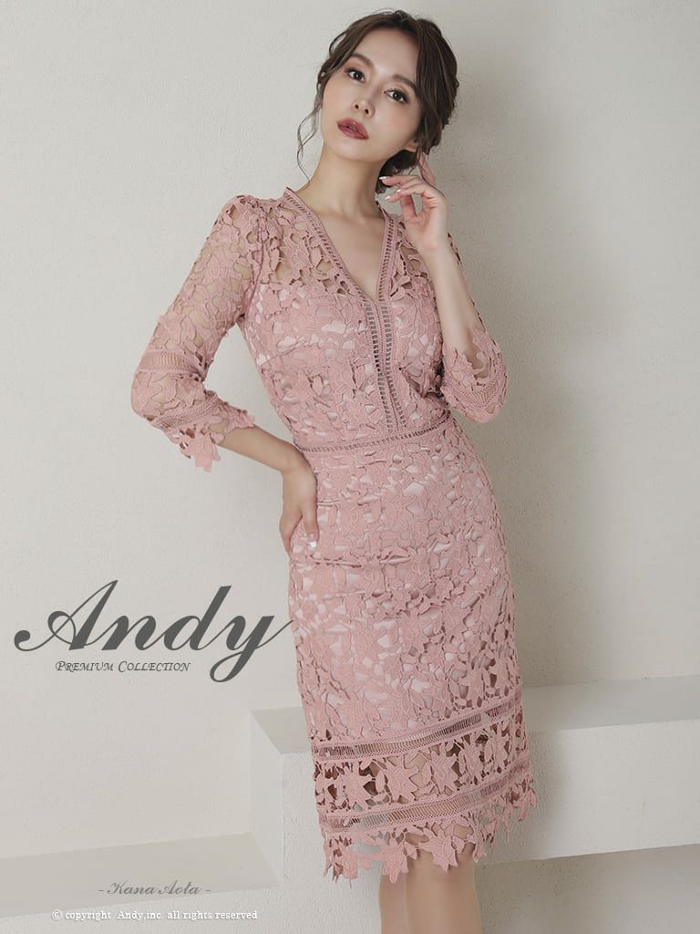 キャバドレス 膝丈ドレス Andy アンディ 高級長袖総レースワンカラー切り替えシースルータイト膝丈ドレス