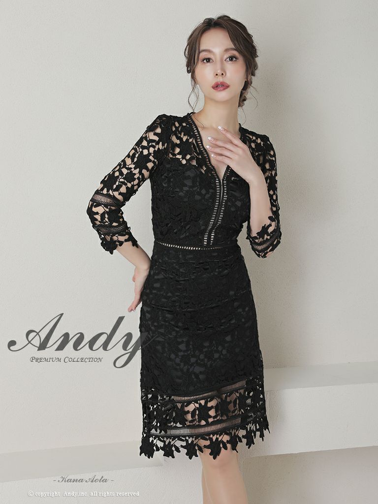 キャバドレス 膝丈ドレス [Andy/アンディ] 高級長袖総レースワンカラー切り替えノースリーブシースルータイト膝丈ドレス