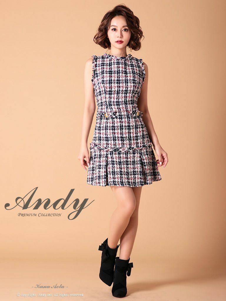 キャバドレス ミニドレス Andy アンディー 高級ブランドノースリーブツイードチェック柄フレアミニドレス