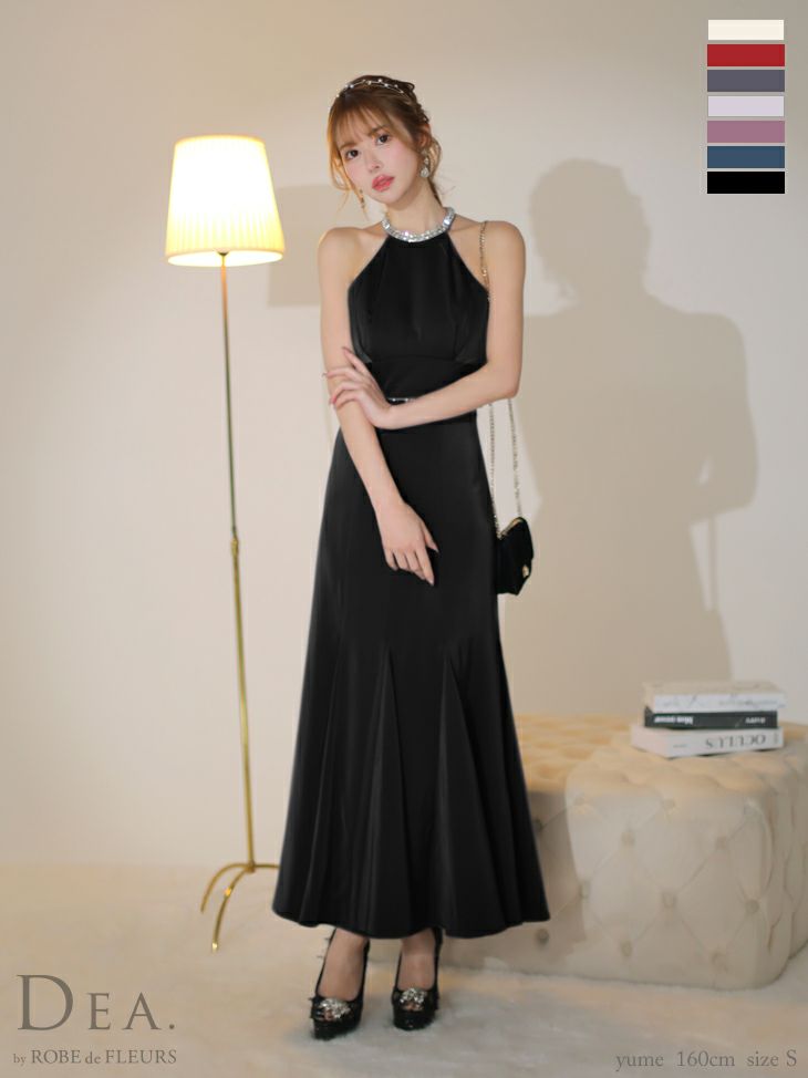 キャバドレス ロングドレス DEA.byROBEdeFLEURS ディアバイローブドフルール　高級ビジューバックオープンウエストリボンサテンホルターネックワンピースAラインロングドレス