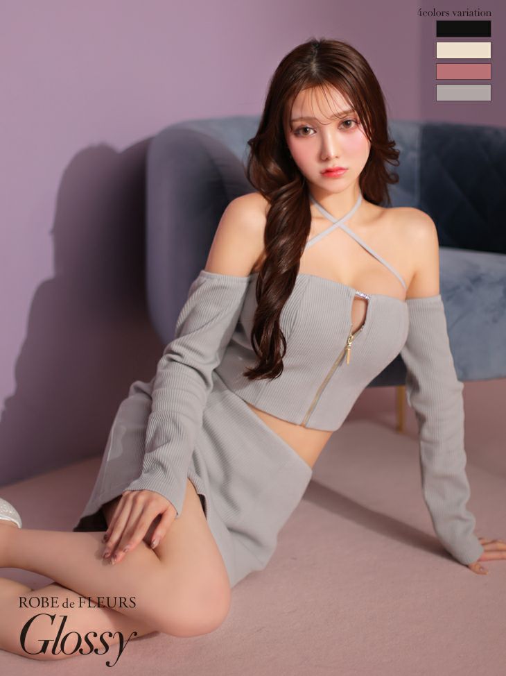 キャバドレス ブランドドレス ミニドレス [ROBEdeFLEURSGlossy/ローブドフルールグロッシー] 高級ジップバストカットアームカバークロスデザインワンカラーオフショルダーセットアップタイトミニドレス