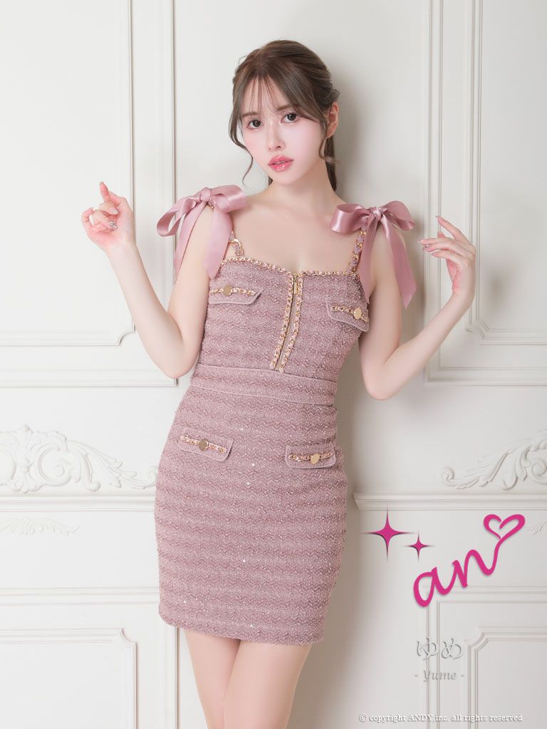 キャバドレス ミニ丈ドレス  [an/アン] 高級ショルダーリボンストレッチワンカラーバストジップチェーンタイトミニドレス