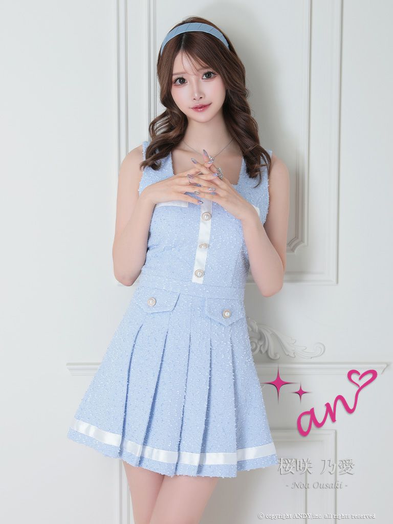 キャバドレス ミニ [an/アン] 高級パールボタンウエストマークフレアノースリーブミニドレス