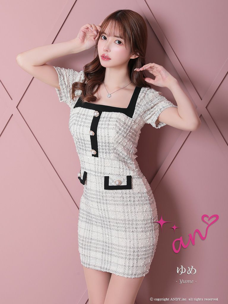 キャバドレス ミニ  [an/アン] 高級パールボタンチェック柄半袖ウエストマークミニタイトドレス