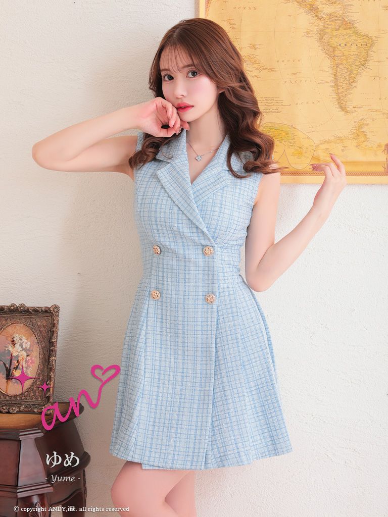 キャバドレスミニ  [an/アン] 高級チェック柄ノースリーブフレアミニドレス