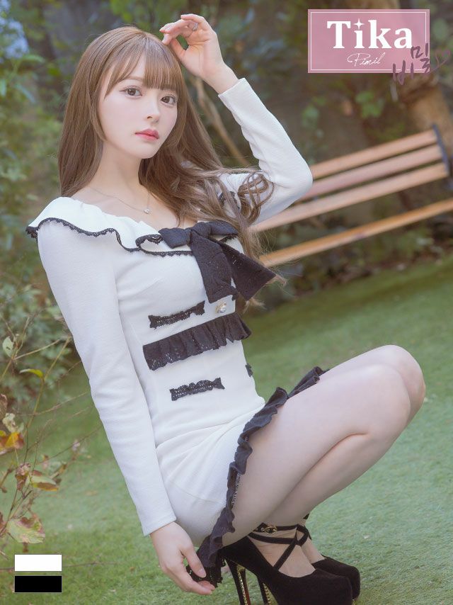 キャバドレス ミニ丈 大きいサイズ 韓国 ワンピース ネックリボンレースフリル長袖バイカラータイトミニドレス