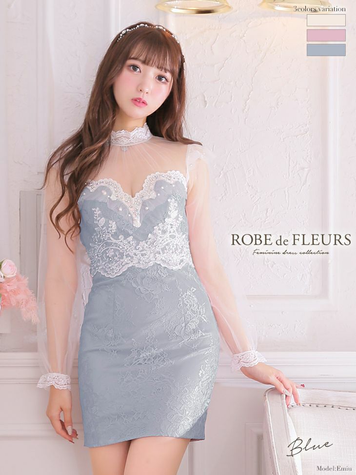 キャバドレス ミニドレス [SALE] [ROBEdeFLEURS/ローブドフルール] 高級チュールスリーブｘレースタイトミニドレス