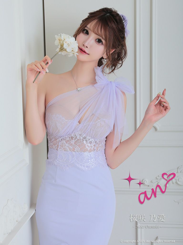 キャバドレス  [an/アン] 高級ワンショルダーレースリボンタイトロング丈ドレス