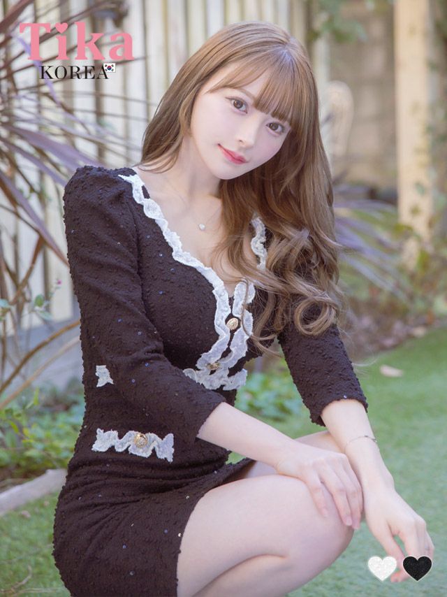 キャバドレス 韓国 ワンピース 大きいサイズ 七分袖 モノトーンパイピングニットゴールドボタン袖ありタイトミニドレス