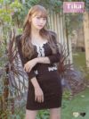 キャバドレス 韓国 ワンピース 大きいサイズ 七分袖 モノトーンパイピングニットゴールドボタン袖ありタイトミニドレス